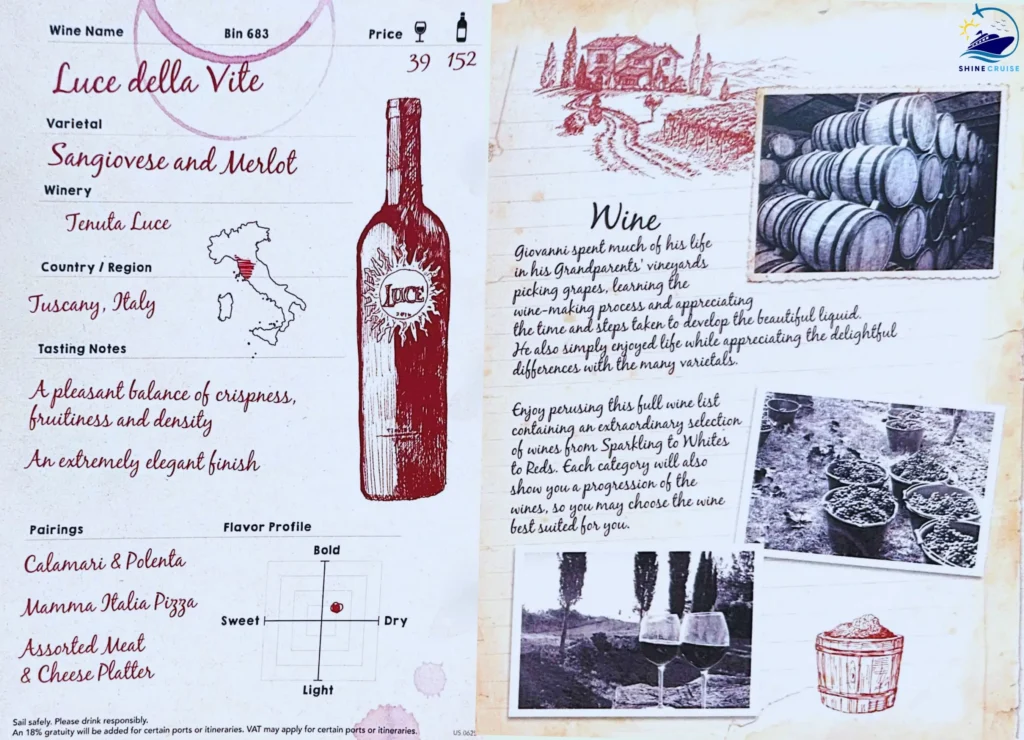 Royal Caribbean Giovanni's Wine Bar menu