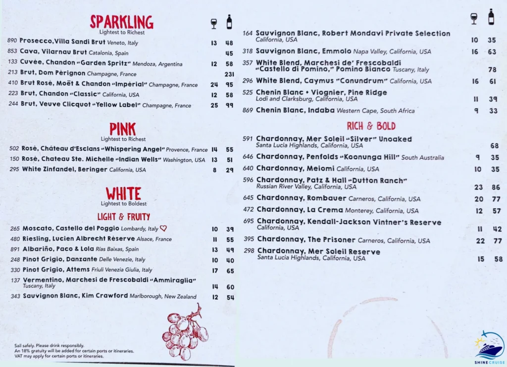 Royal Caribbean Wine Bar menu