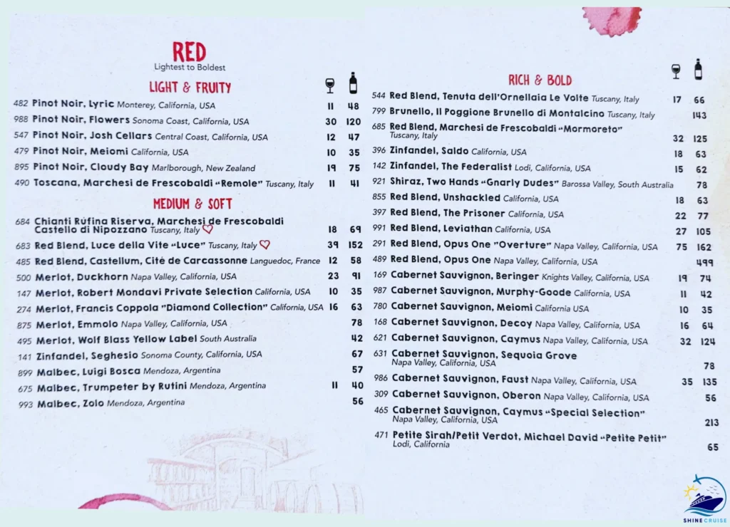 Royal Caribbean Wine Bar drink menu