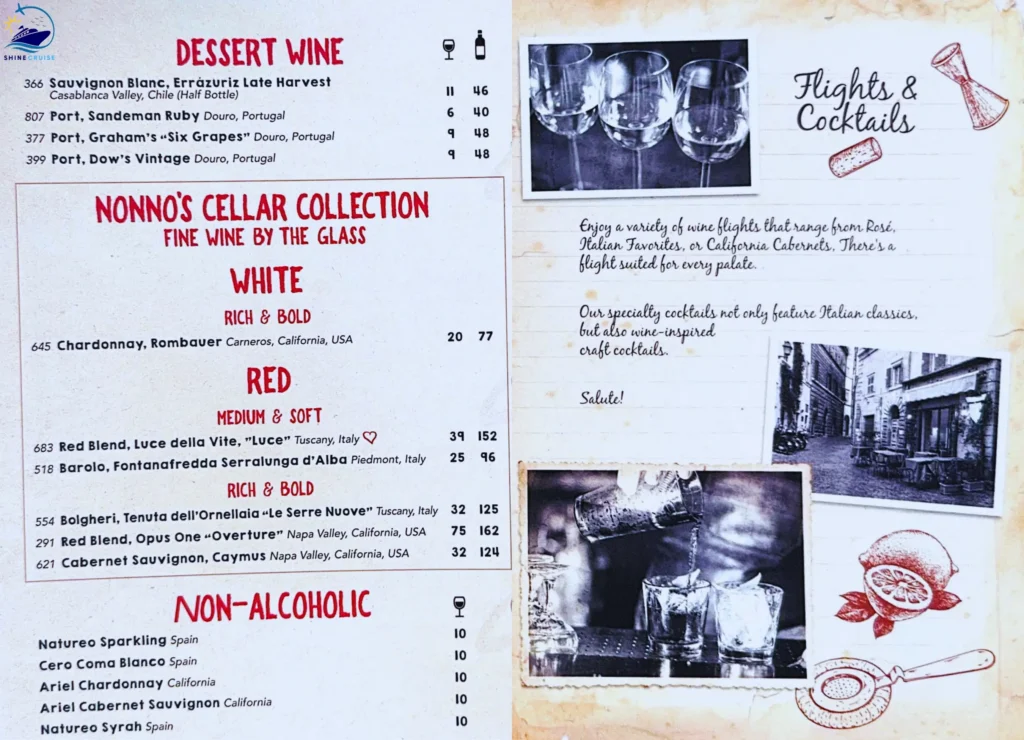 Royal Caribbean Giovanni Wine Bar menu
