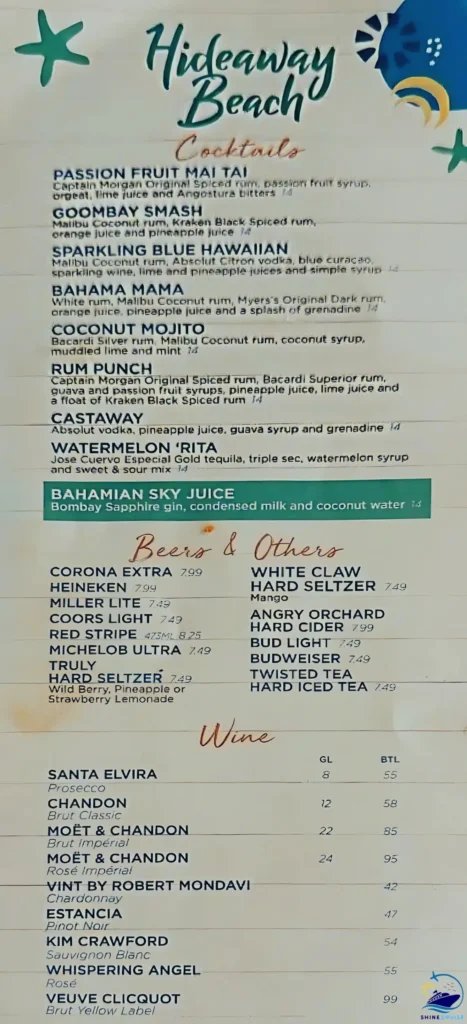 Royal Caribbean drink prices for Hideaway Bar at CocoCay