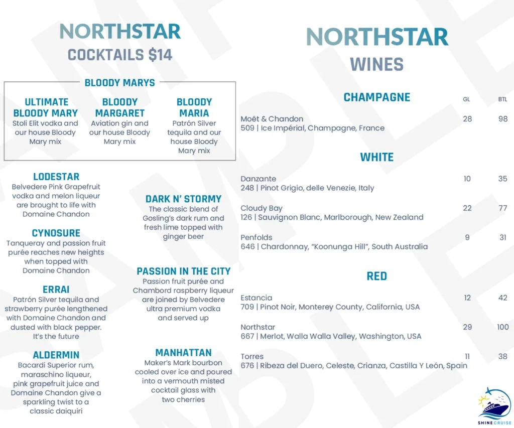 Royal Caribbean North Star bar menu