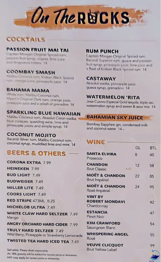 Royal Caribbean bar menu for On the Rocks Bar at CocoCay