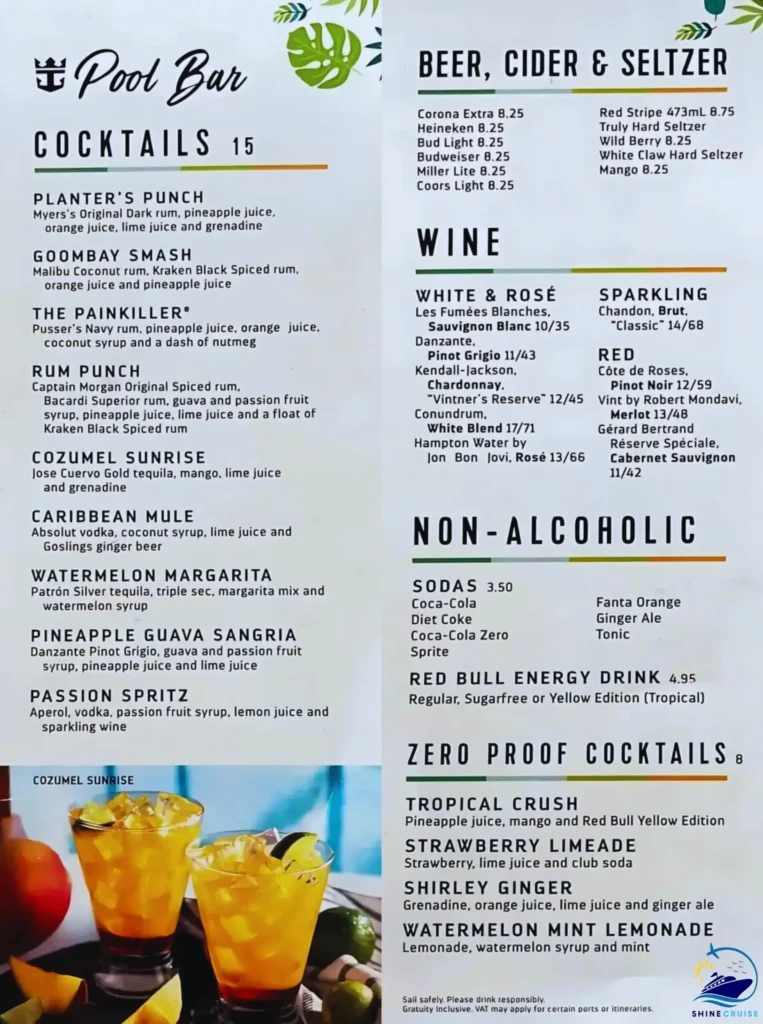 Royal Caribbean Pool Bar menu