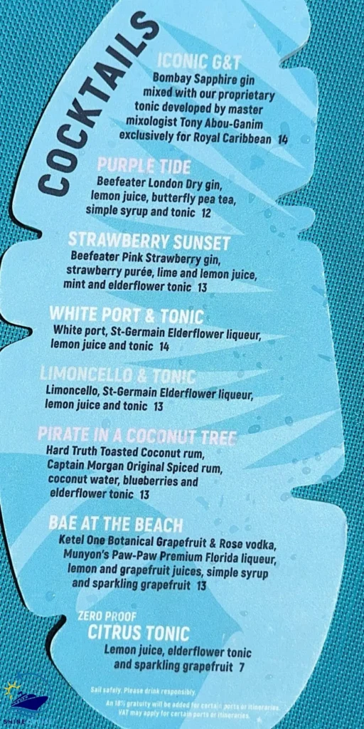 Royal Caribbean Swim and Tonic menu