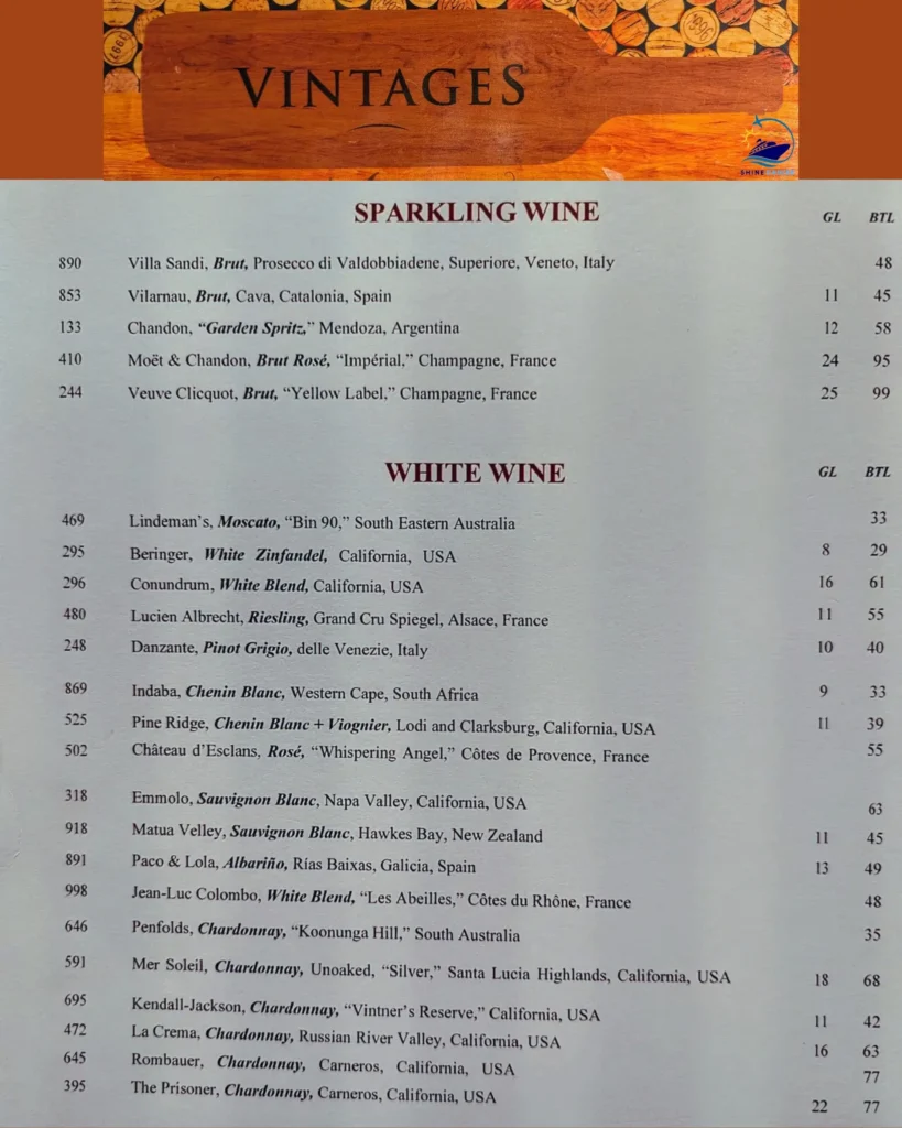 Royal Caribbean Vintages menus