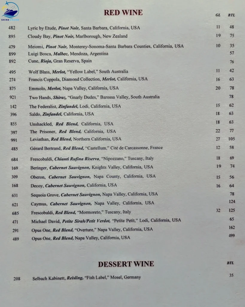 Royal Caribbean Vintages wine bar menus