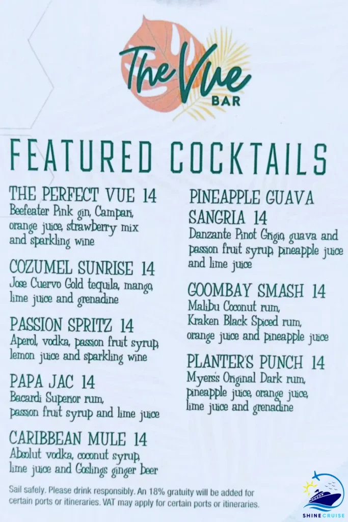 Royal Caribbean The Vue Bar menu