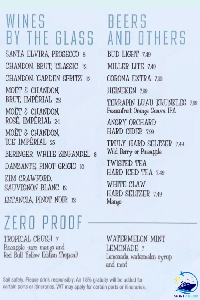 Royal Caribbean bar menu