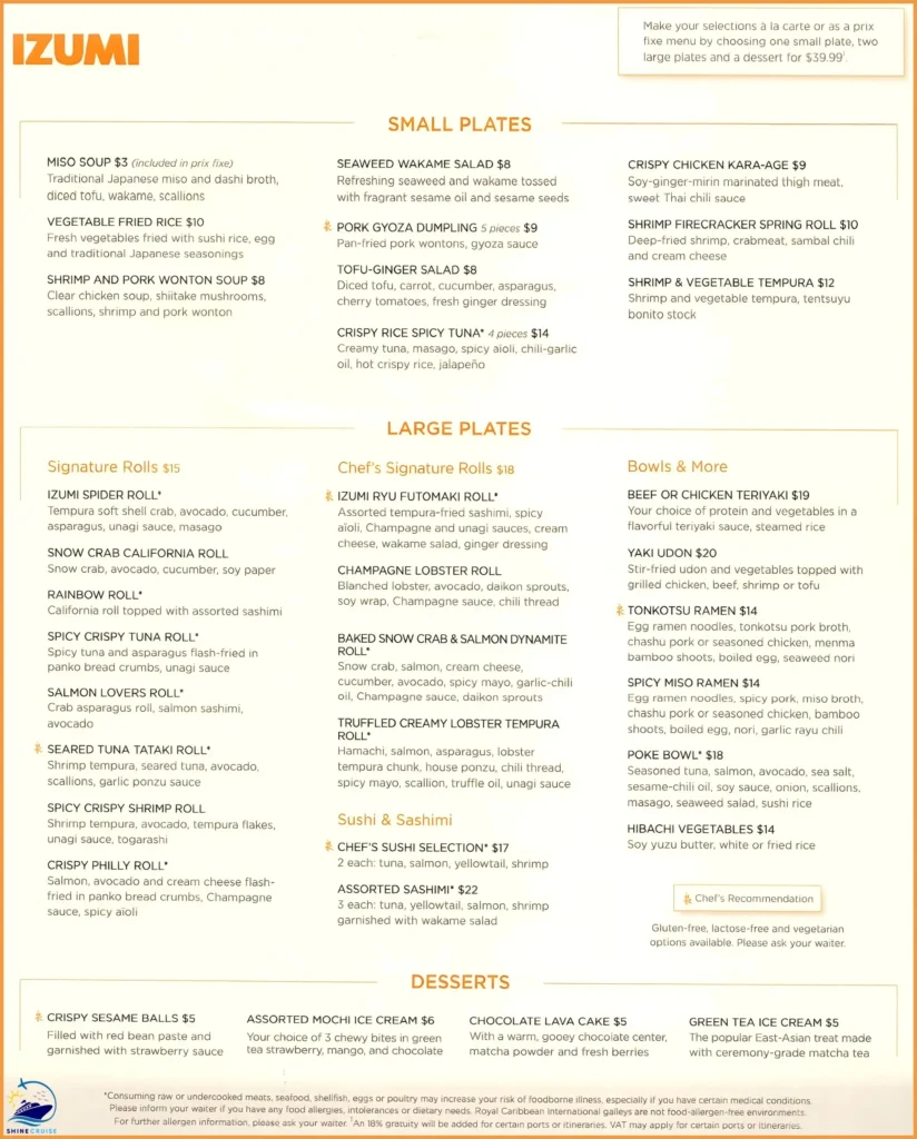 izumi sushi royal caribbean menu prices