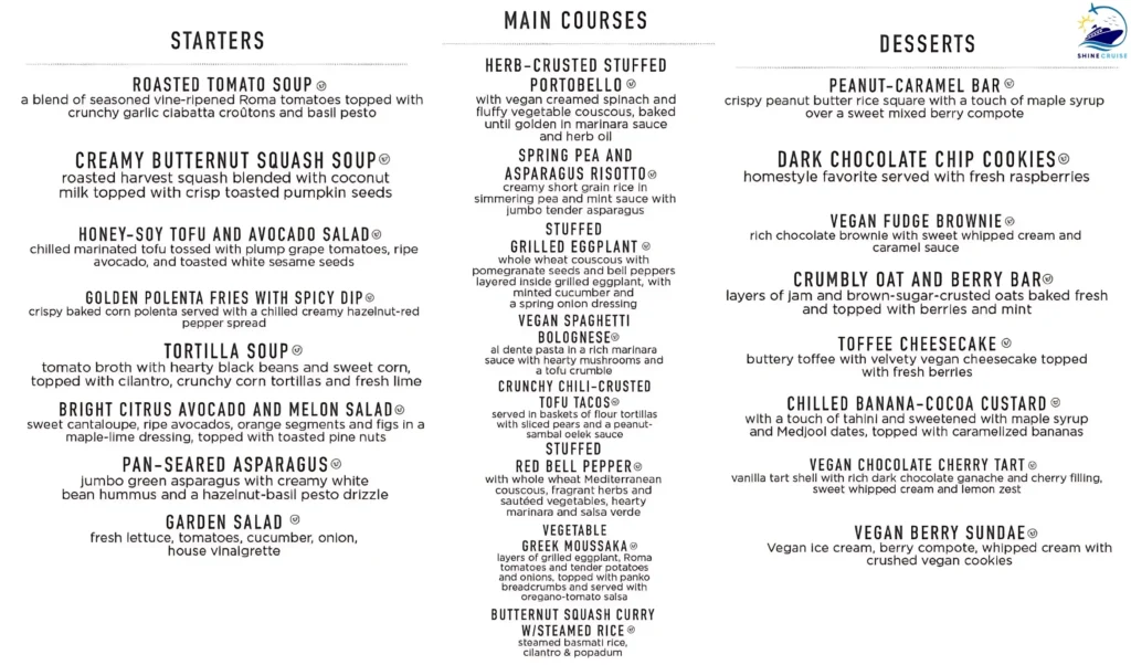 Royal Caribbean Main Dining Room Vegan Menu