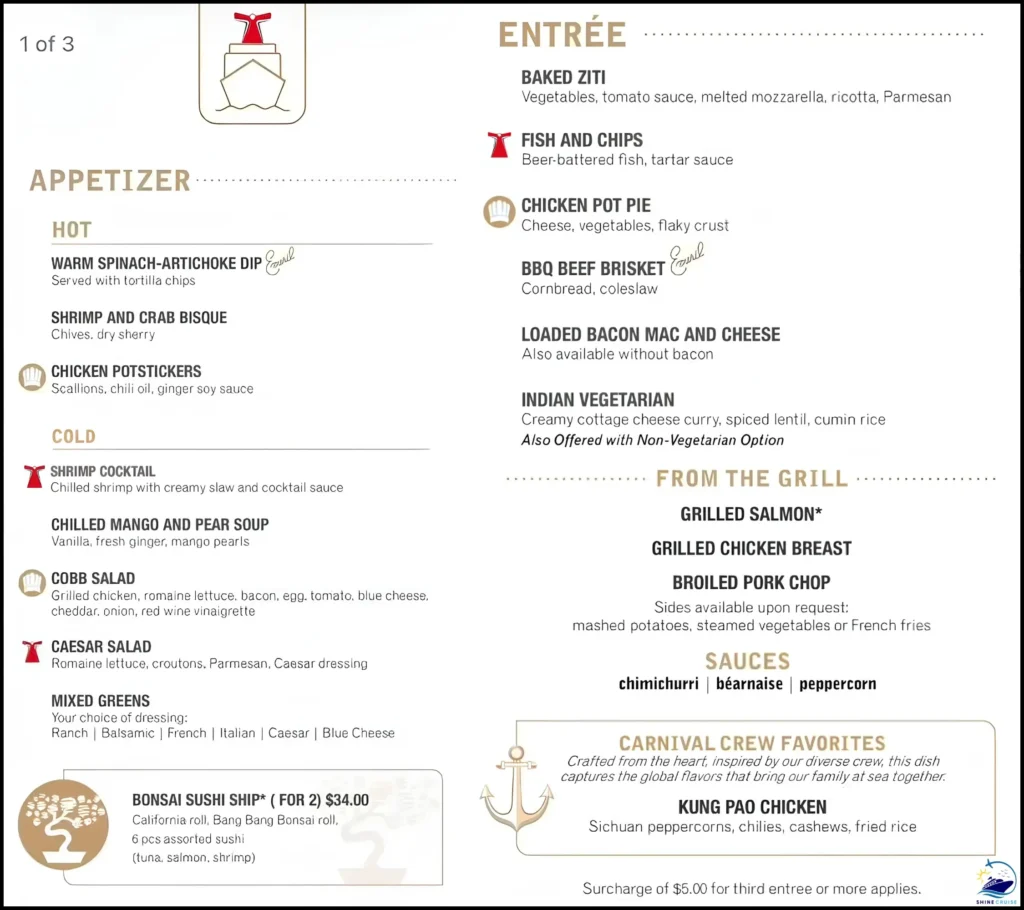 Carnival 5 day Cruise dinner menu for night 1a