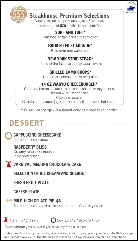 Carnival 5 day Cruise dinner menu for night 1a
