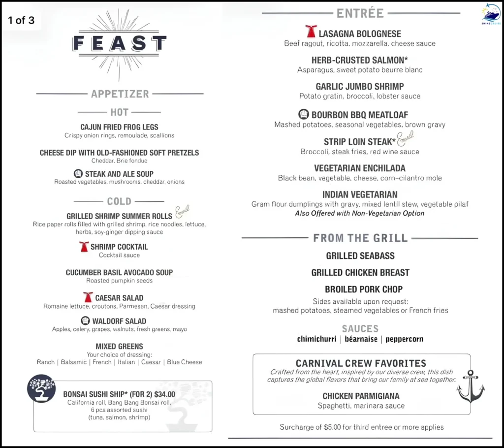 Carnival 5 day Cruise dinner menu for night 2a