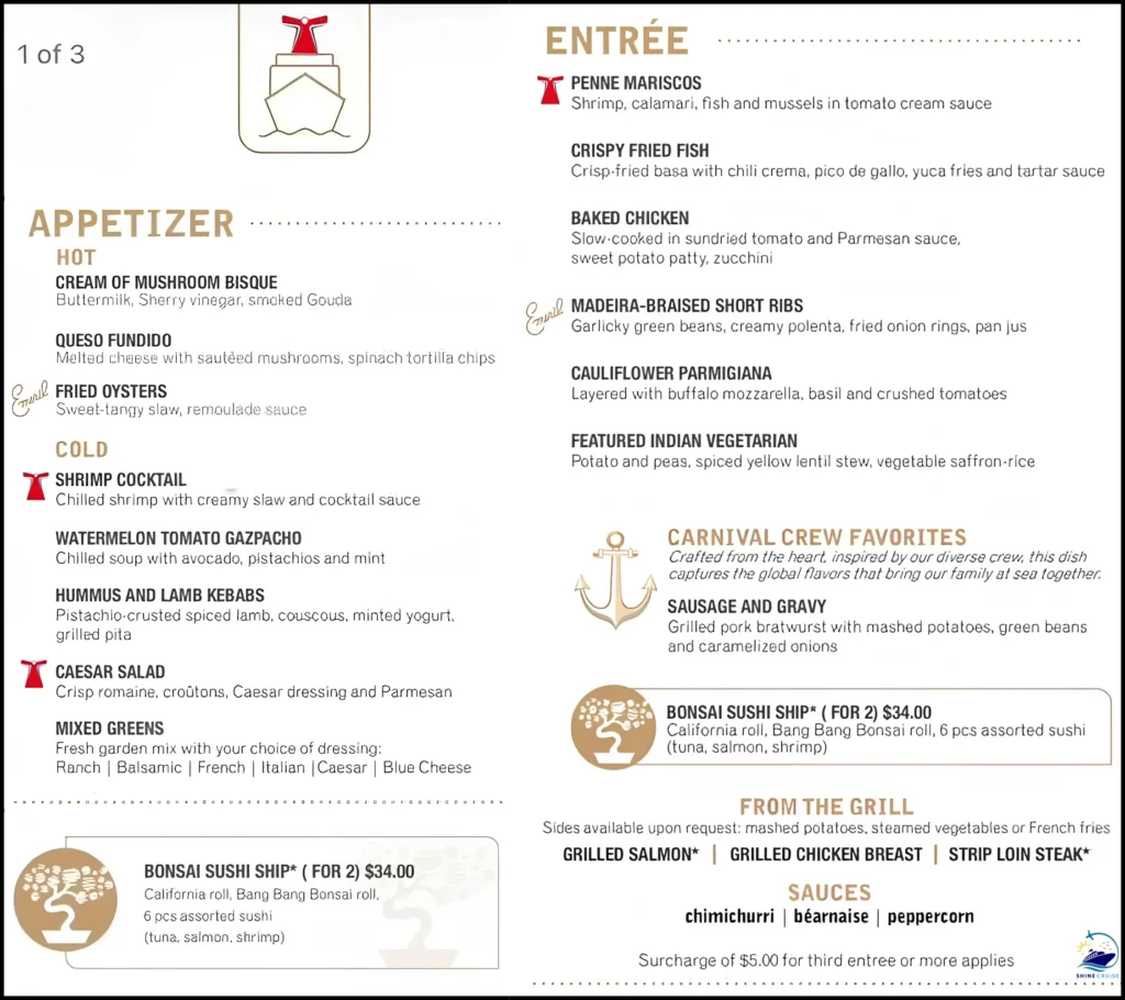 Carnival 5 day Cruise dinner menu for night 3a