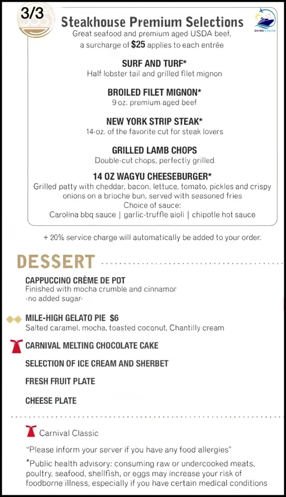 Carnival 5 day Cruise dinner menu for night 3b