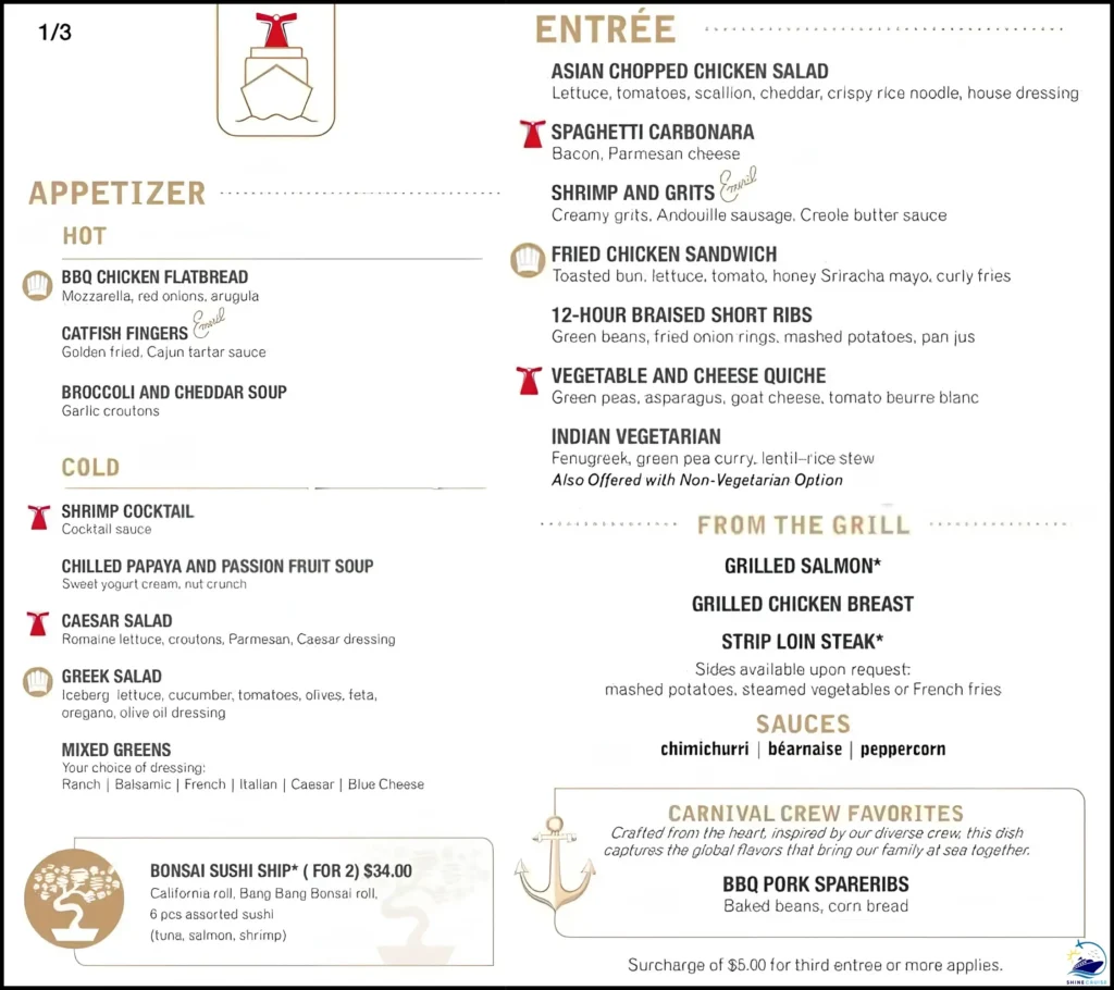 Carnival 5 day Cruise dinner menu for night 5a