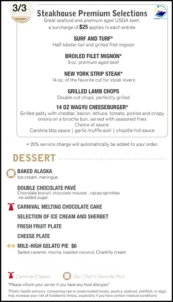 Carnival 5 day Cruise dinner menu for night 5b