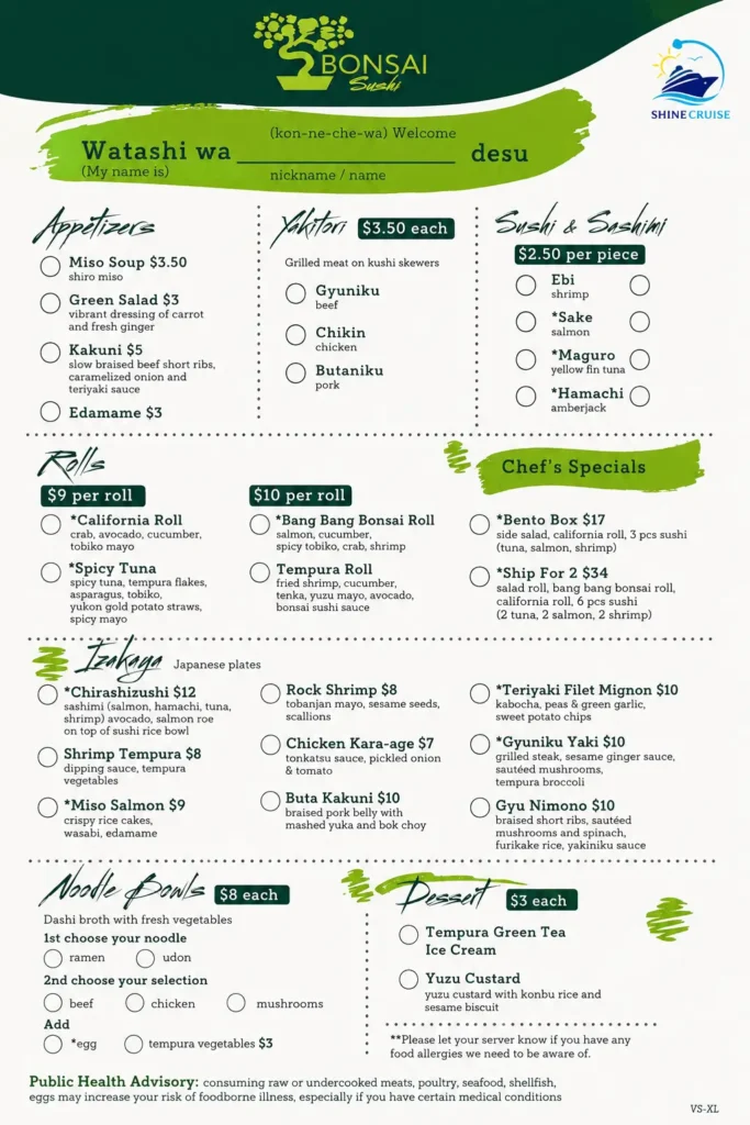 Carnival Bonsai Sushi Menu for Lunch & Dinner