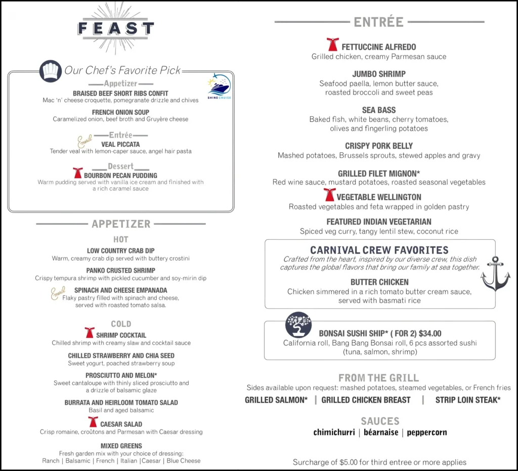 Carnival 6 Day Cruise Menu for Night 2a