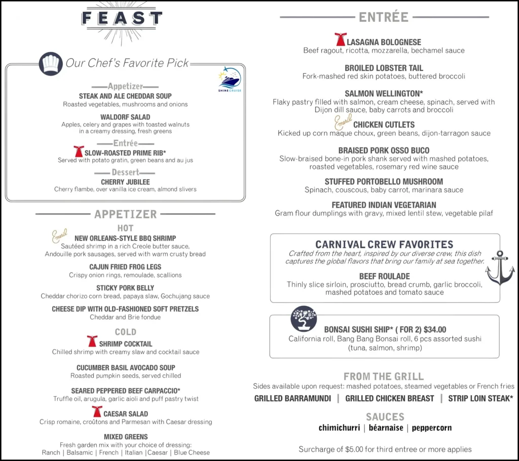 Carnival 6 Day Cruise Menu for Night 5a