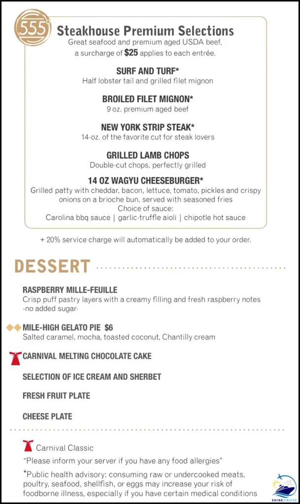 Carnival 6 Day Cruise Menu for Night 1b