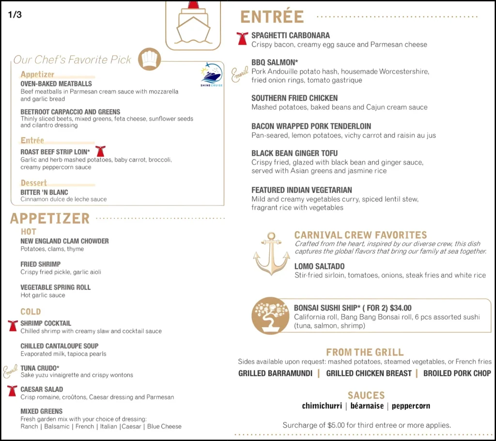 Carnival 6 Day Cruise Menu for Night 4a