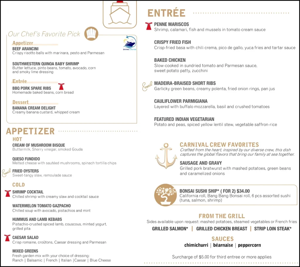 Carnival 6 Day Cruise Menu for Night 3a