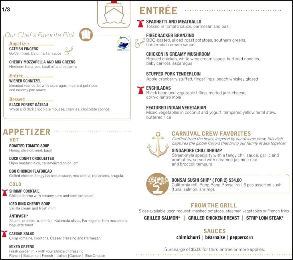 New Carnival Dinner Menu 2026 for night 5a