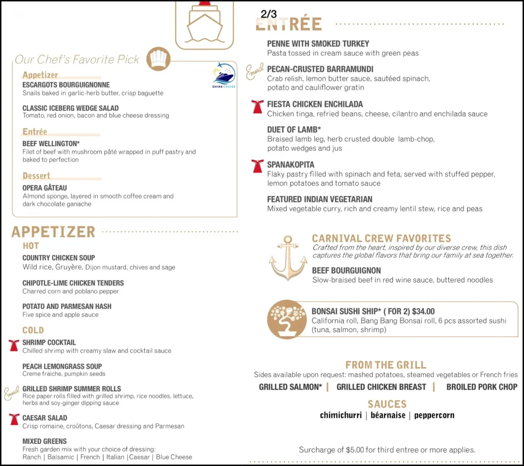 new Carnival Cruise Dinner Menu 2026 for night 6a