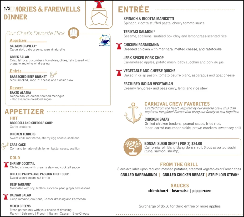 Carnival 6 Day Cruise Menu for Night 6a