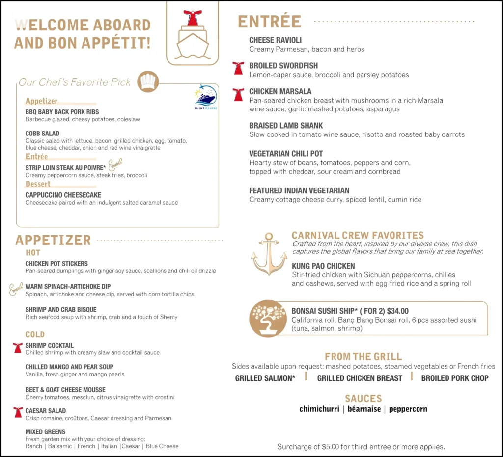 Carnival 6 Day Cruise Menu for Night 1a