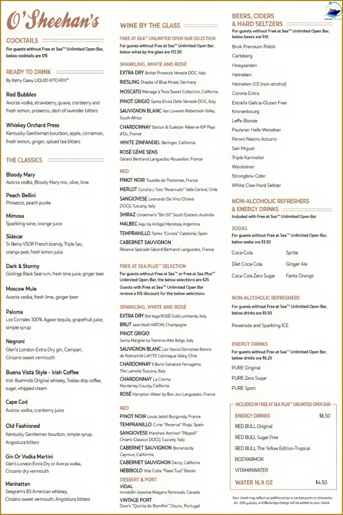 NCL O'Sheehan's Drink Menu