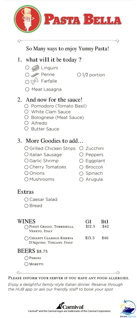 Carnival Cucina Del Capitano Pasta Bar Menu