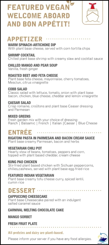 Carnival Cruise Vegan Menu for Night 1