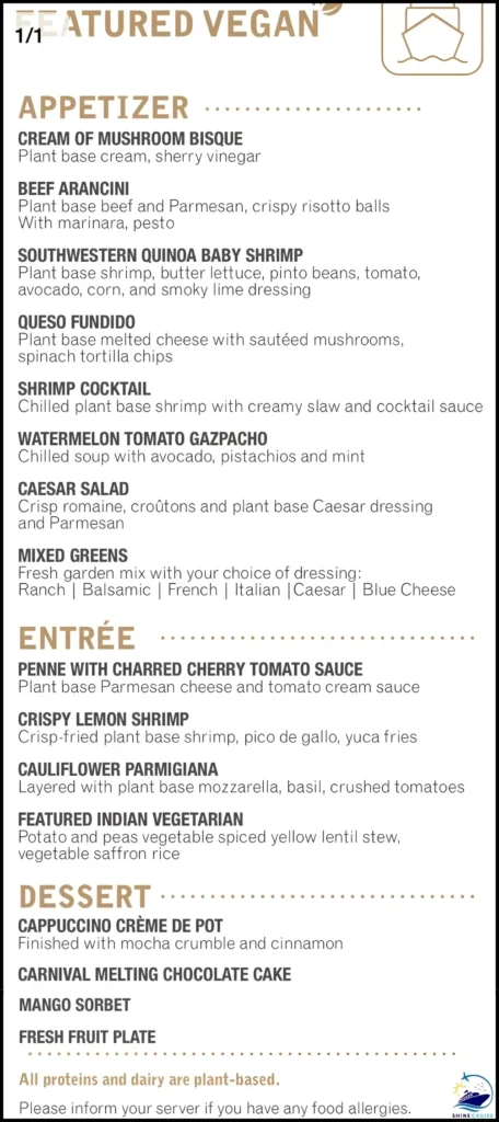 Carnival Cruise Vegan Menu for Night 3