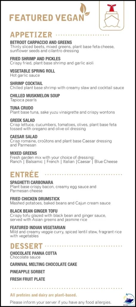 Carnival Cruise Vegan Menu for Night 4
