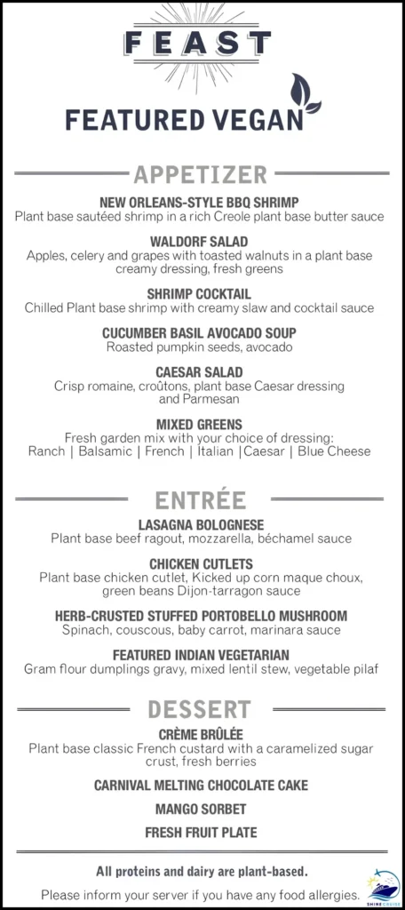 Carnival Cruise Vegan Menu for Night 5