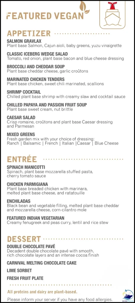 Carnival Cruise Vegan Menu for Night 6