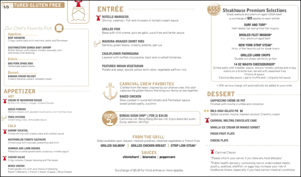 Carnival Cruise gluten free menu for night 3
