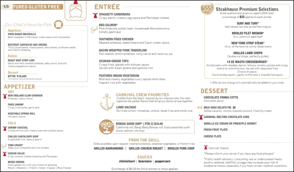Carnival Cruise gluten free menu for night 4