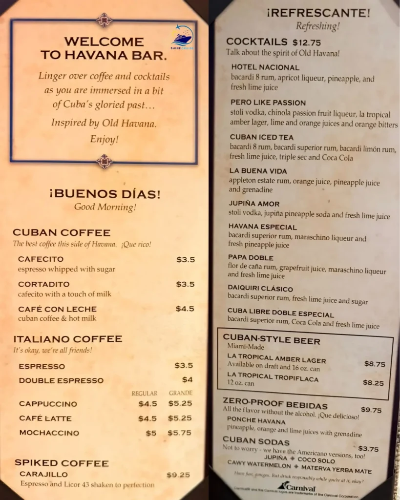 Havana Bar menu Carnival
carnival cruise drink prices 2026