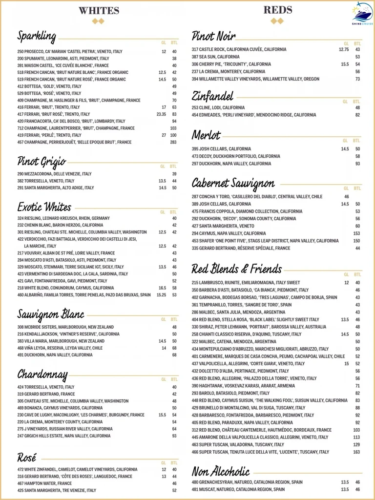 Carnival Il Viaggio Menu Prices for drinks