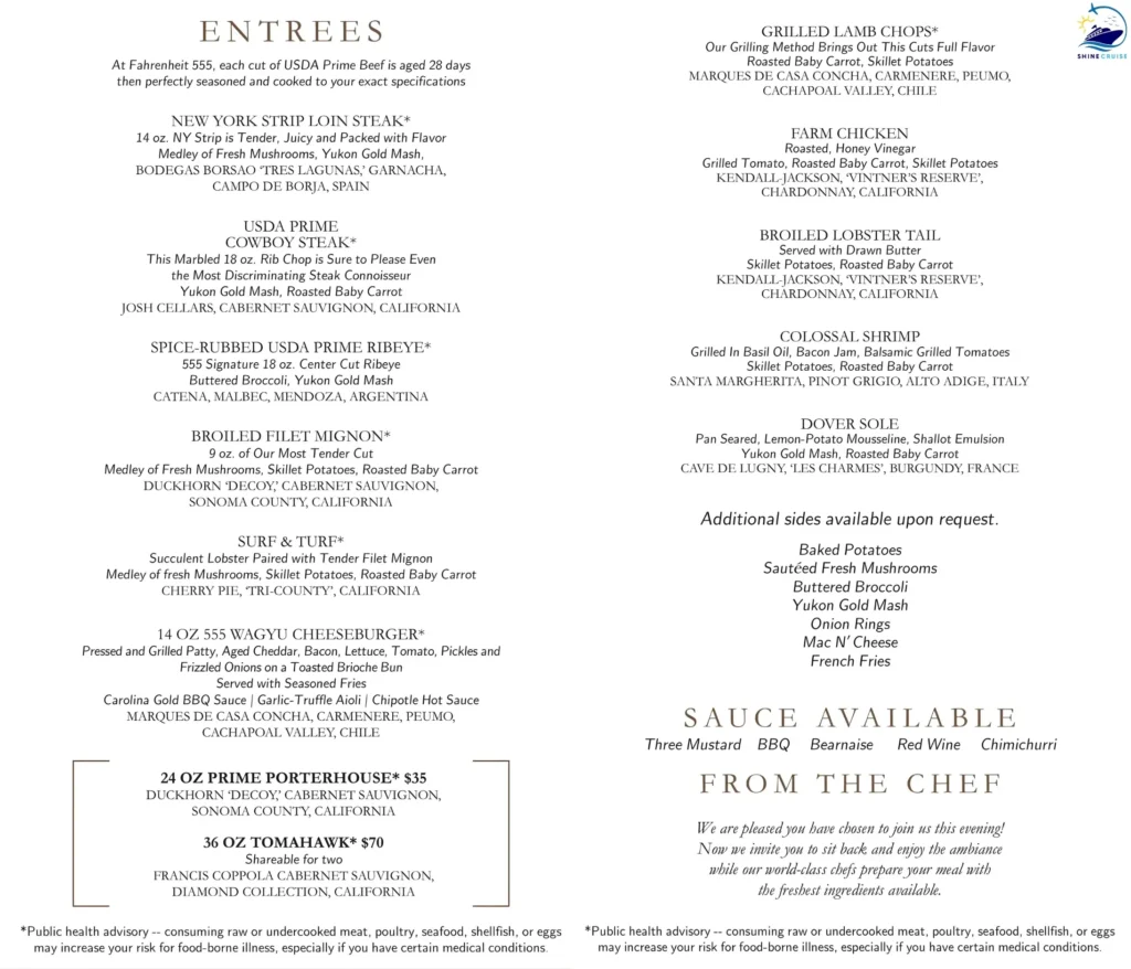 carnival fahrenheit 555 steakhouse prices
