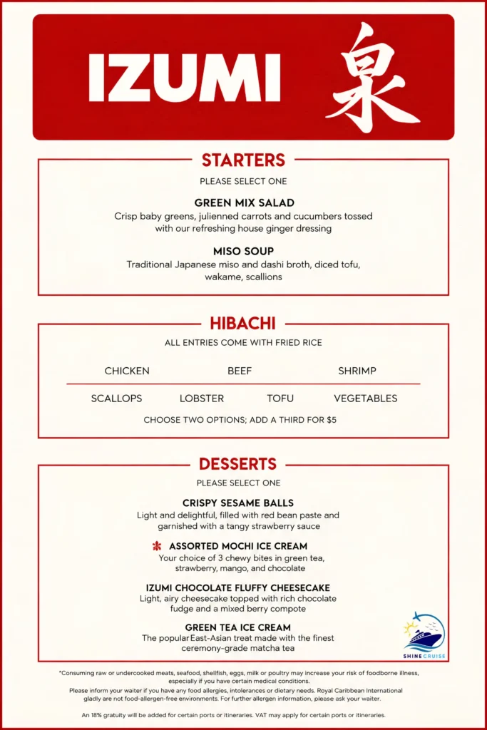 izumi hibachi royal caribbean menu
Royal caribbean izumi hibachi prices