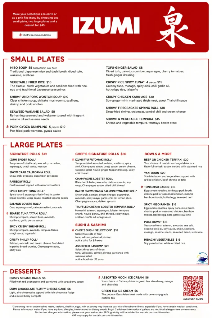 izumi sushi royal caribbean menu prices