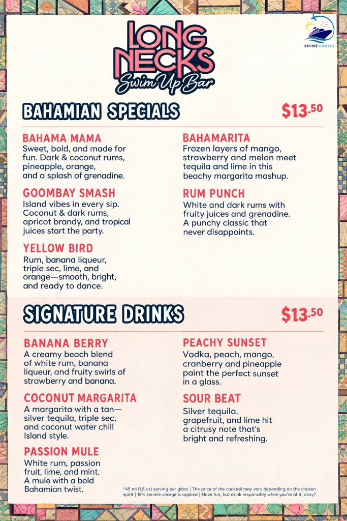 Long Necks Swim-Up Bar Menu 1