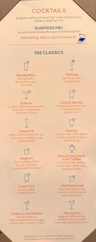 norwegian cruise drink menu