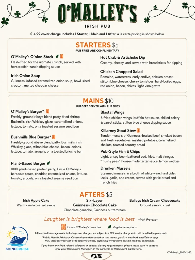 Princess Cruise O'Malley's menus