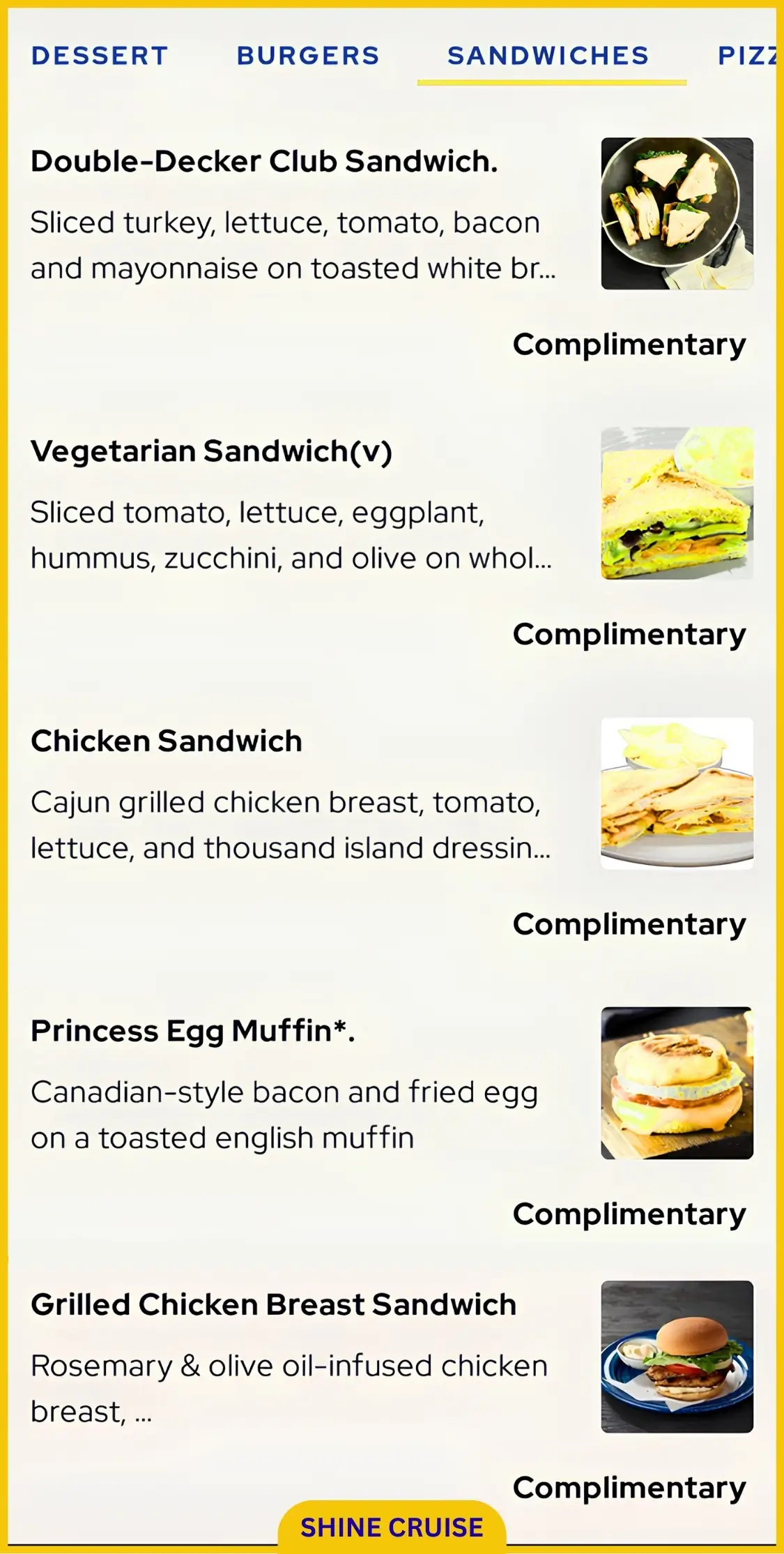 Princess Cruise OceanNow Sandwiches Menu